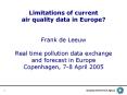 Limitations of current air quality data in Europe?  Frank de Leeuw Real time pollution data exchange and forecast in Europe Copenhagen, 7-8 April 2005 PowerPoint PPT Presentation