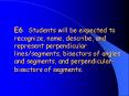 E6 Students will be expected to recognize, name, describe, and represent perpendicular lines/segments, bisectors of angles and segments, and perpendicular-bisectors of segments.  PowerPoint PPT Presentation