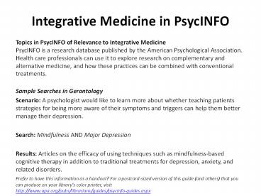 Integrative Medicine in PsycINFO