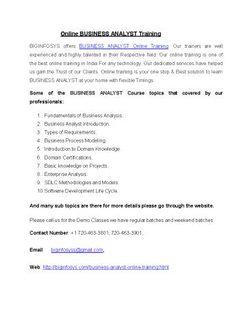 Online BUSINESS ANALYST Training