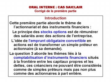 ORAL INTERNE : CAS SAICLAIR Corrig