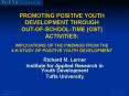 PROMOTING POSITIVE YOUTH DEVELOPMENT THROUGH OUT-OF-SCHOOL-TIME (OST) ACTIVITIES: IMPLICATIONS OF THE FINDINGS FROM THE 4-H STUDY OF POSITIVE YOUTH DEVELOPMENT PowerPoint PPT Presentation