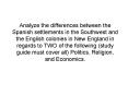 Analyze the differences between the Spanish settlements in the Southwest and the English colonies in New England in regards to TWO of the following (study guide must cover all) Politics, Religion, and Economics. PowerPoint PPT Presentation