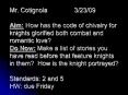 Mr. Cotignola        3/23/09 Aim: How has the code of chivalry for knights glorified both combat and romantic love? Do Now: Make a list of stories you have read before that feature knights in them? How is the knight portrayed? Standards: 2 and PowerPoint PPT Presentation