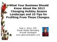 What Your Business Should   Know About the 2013   Changing Holiday Season  Landscape and 10 Tips for Profiting From Those Changes.  Jean L. Serio, CPC Social Media Marketing Growth Strategist www.getyourbuzzon.com PowerPoint PPT Presentation