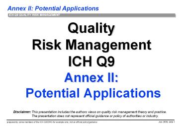 Quality Risk Management ICH Q9 Annex II:  Potential Applications