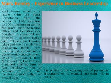 Mark Remley - Experience in Business Leadership
