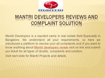Mantri developers reviews and Complaint solution