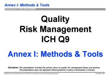 Quality Risk Management ICH Q9 Annex I: Methods