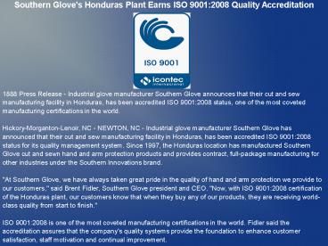 Southern Glove's Honduras Plant Earns ISO 9001:2008 Quality Accreditation
