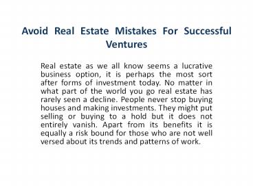Avoid Real Estate Mistakes For Successful Ventures