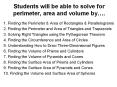 Students will be able to solve for perimeter, area and volume by PowerPoint PPT Presentation
