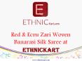 Red & Ecru Zari Woven Banarasi Silk Saree at Ethnickart
