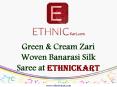 Green & Cream Zari Woven Banarasi Silk Saree at Ethnickart