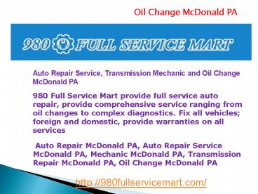Transmission Repair McDonald PA, Oil Change McDonald PA