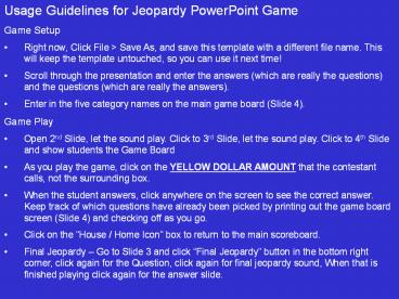 Usage Guidelines for Jeopardy PowerPoint Game