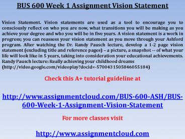 BUS 600 Week 1 Assignment Vision Statement