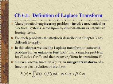 Ch 6.1: Definition of Laplace Transform