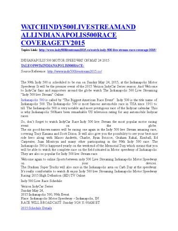 WATCH INDY 500 LIVE STREAM AND INDIANAPOLIS 500 RACE COVERAGE TV 2015