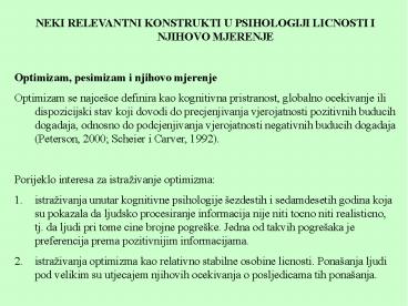 NEKI RELEVANTNI KONSTRUKTI U PSIHOLOGIJI LICNOSTI I NJIHOVO MJERENJE