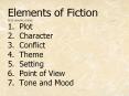 Elements of Fiction NCTE elements of fiction 1. Plot 2. Character 3. Conflict 4. Theme 5. Setting 6. Point of View 7. Tone and Mood PowerPoint PPT Presentation