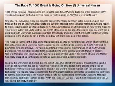 The Race To 1000 Event Is Going On Now @ Universal Nissan