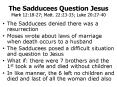 The Sadducees Question Jesus Mark 12:18-27; Matt. 22:23-33; Luke 20:27-40 PowerPoint PPT Presentation