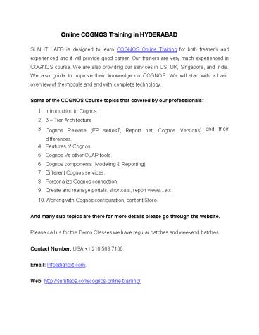 Online COGNOS Training in HYDERABAD