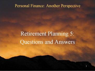Personal Finance: Another Perspective