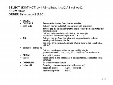 SELECT [DISTINCT] col1 AS colhead1, col2 AS colhead2