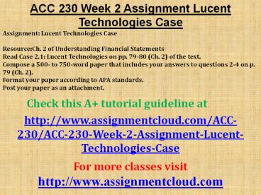 ACC 230 Week 2 Assignment Lucent Technologies Case