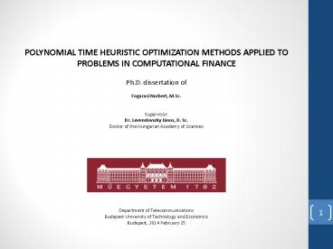 POLYNOMIAL TIME HEURISTIC OPTIMIZATION METHODS APPLIED TO PROBLEMS IN COMPUTATIONAL FINANCE