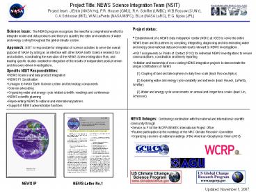 Project Title: NEWS Science Integration Team (NSIT)