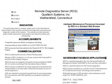 Remote Diagnostics Server (RDS) Qualtech Systems, Inc. Wethersfield, Connecticut