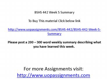 BSHS 442 Week 5 Summary