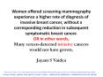 Women offered screening mammography experience a higher rate of diagnosis of invasive breast cancer, without a corresponding reduction in subsequent symptomatic breast cancer. OR in other words, Many screen-detected invasive cancers would not have grown. PowerPoint PPT Presentation