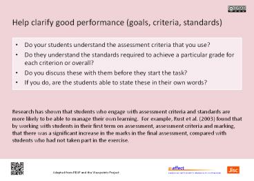 Help clarify good performance (goals, criteria, standards)