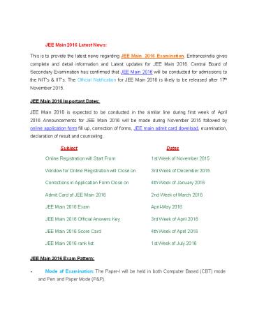 JEE Main 2016 Latest News