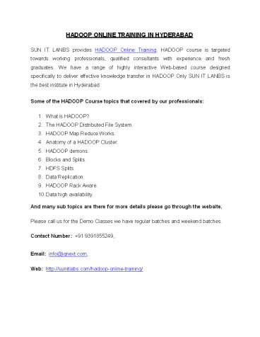 HADOOP ONLINE TRAINING IN HYDERABAD