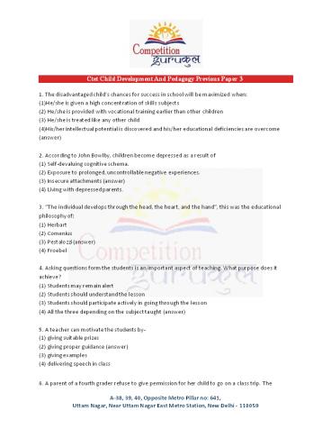 Ctet Child Development And Pedagogy Previous Paper 3