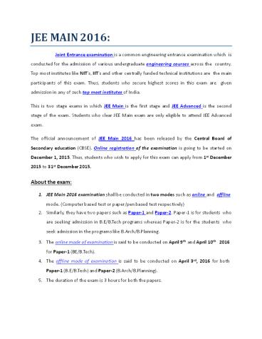 JEE Main 2016 Information Bulletin