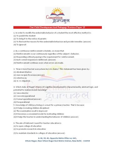 Ctet Child Development And Pedagogy Previous Paper 15