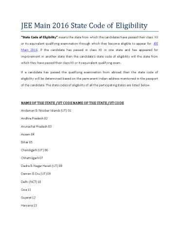 JEE Main 2016 State Code of Eligibility