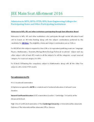 JEE Main Seat Allotment 2016