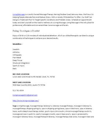 Massage Therapy in Lake Way, Bee Cave, Spicewood, Dripping Springs TX