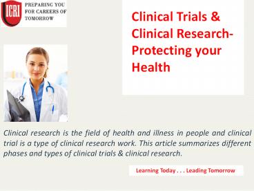 Best Clinical Trials & Clinical Research course Institute.