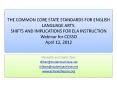 THE COMMON CORE STATE STANDARDS FOR ENGLISH LANGUAGE ARTS: SHIFTS AND IMPLICATIONS FOR ELA INSTRUCTION Webinar for CCSSO April 12, 2012 PowerPoint PPT Presentation