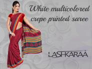 White multi colored crepe printed sarees