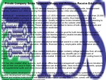 Private Company Saves Taxpayers Money and Prisoners Receive Education