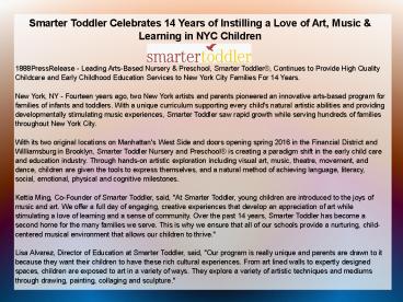 Smarter Toddler Celebrates 14 Years of Instilling a Love of Art, Music & Learning in NYC Children